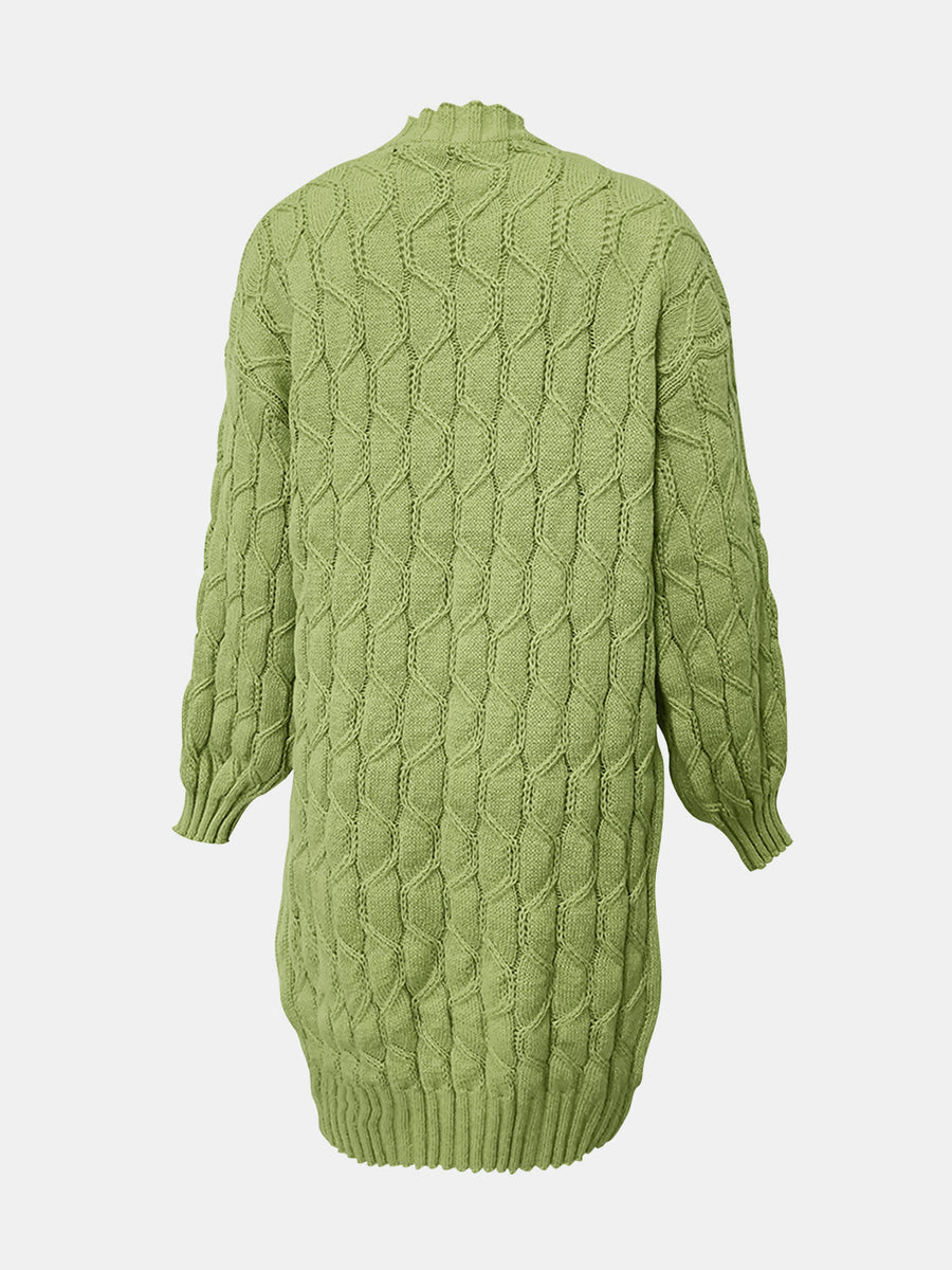 Green cable knit duster cardigan with textured diamond pattern and mock neck.