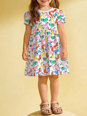 Toddler girls white cotton dress with playful multicolor horse print, puff sleeves, round neck.