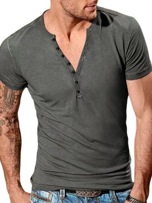 Men's dark gray slub cotton henley tee with button placket and short sleeves.