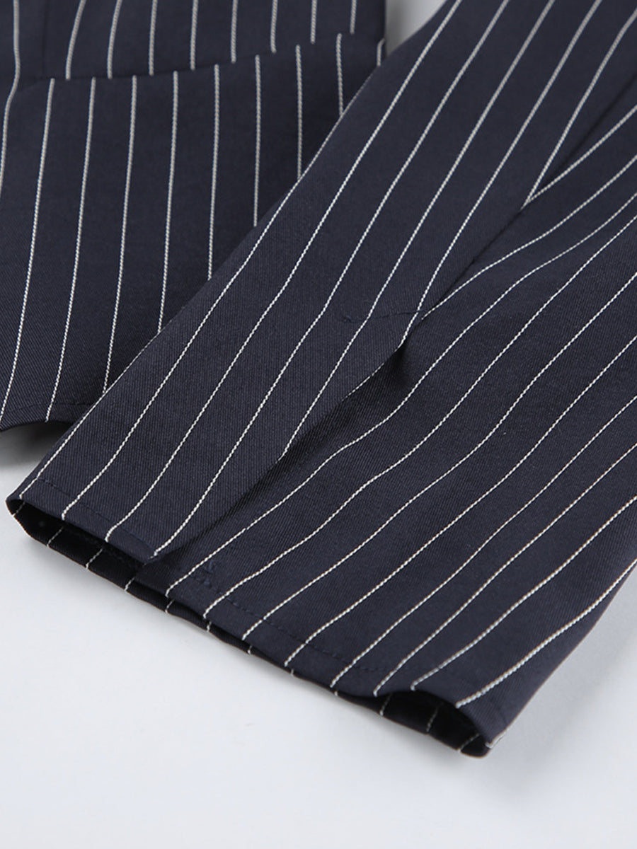 Striped Blazer And Mini Skirt Set With Scarf Detail in Navy