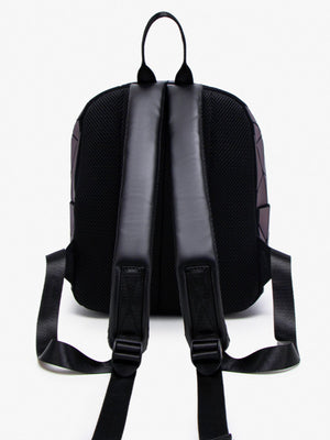 dark teal backpack with zip-front and geometric