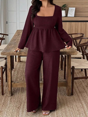 Wine red ruched two-piece set with square neck top and wide leg pants