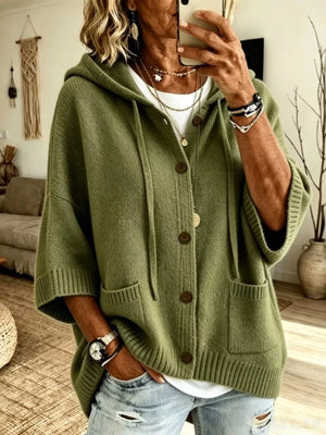 cardigan in olive green featuring hooded and relaxed fit