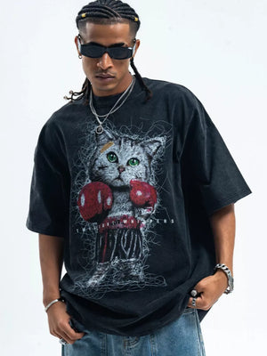 Black oversized cotton blend tee with vintage-style boxing cat graphic print.