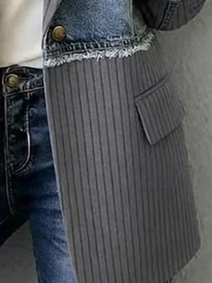 Full Size Patchwork Denim Ribbed Blazer Plus Size in Tan with buttoned