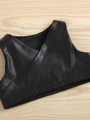 Toddler black faux leather cropped vest with crossover neckline