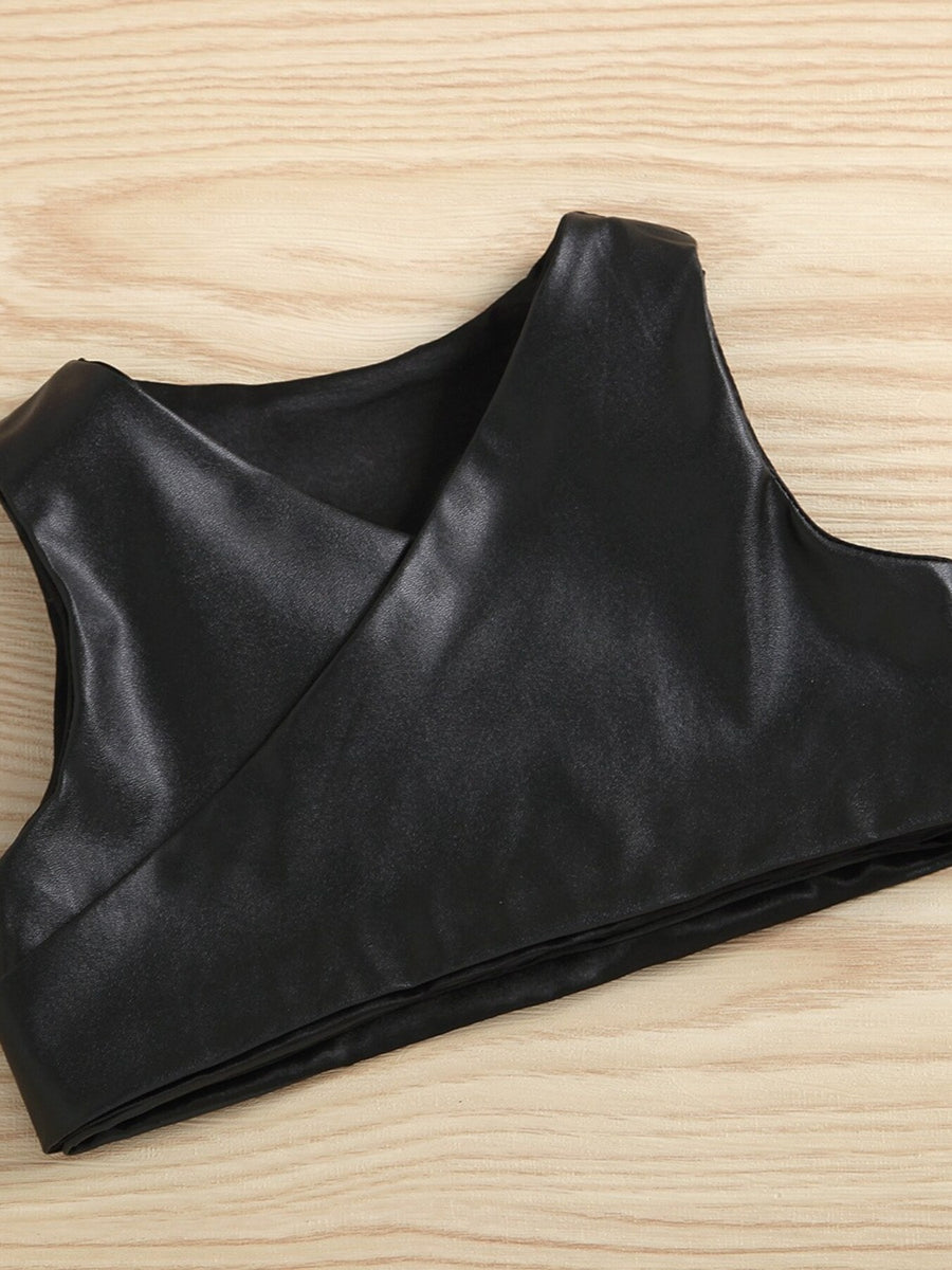 Toddler black faux leather cropped vest with crossover neckline