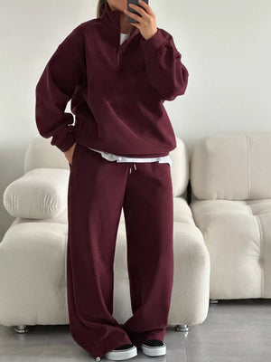 Quarter-zip Top And Wide-leg Sweatpants Set in Brown with oversized