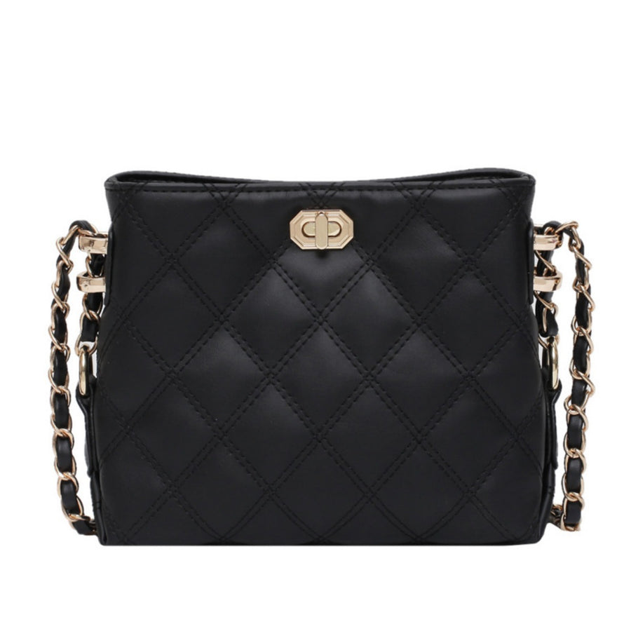 Black quilted crossbody bag with diamond pattern and gold chain strap