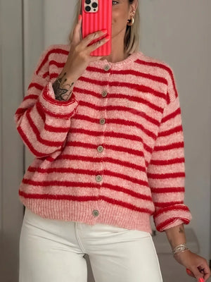 red cardigan featuring stretch and striped