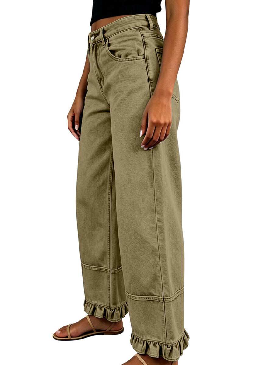 High-Waisted Wide-Leg Ruffled Hem Jeans Plus Size in Dark