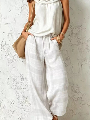 Sleeveless Cowl Neck Top & Plaid Wide-leg Pant Set in gray with drawstring