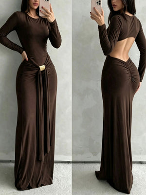 glam maxi dress in dark brown with round neck