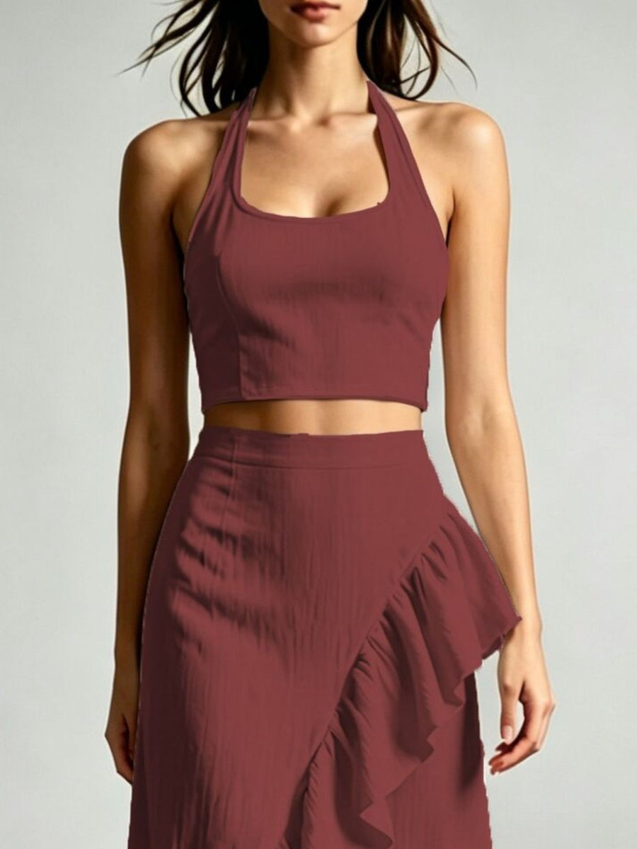 Halter Neck Crop Top And High-Low Maxi Skirt Set in ivory with ruffled