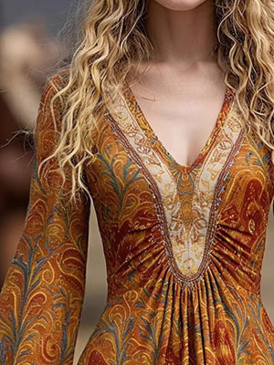 gold fit-and-flare dress featuring ruched and paisley