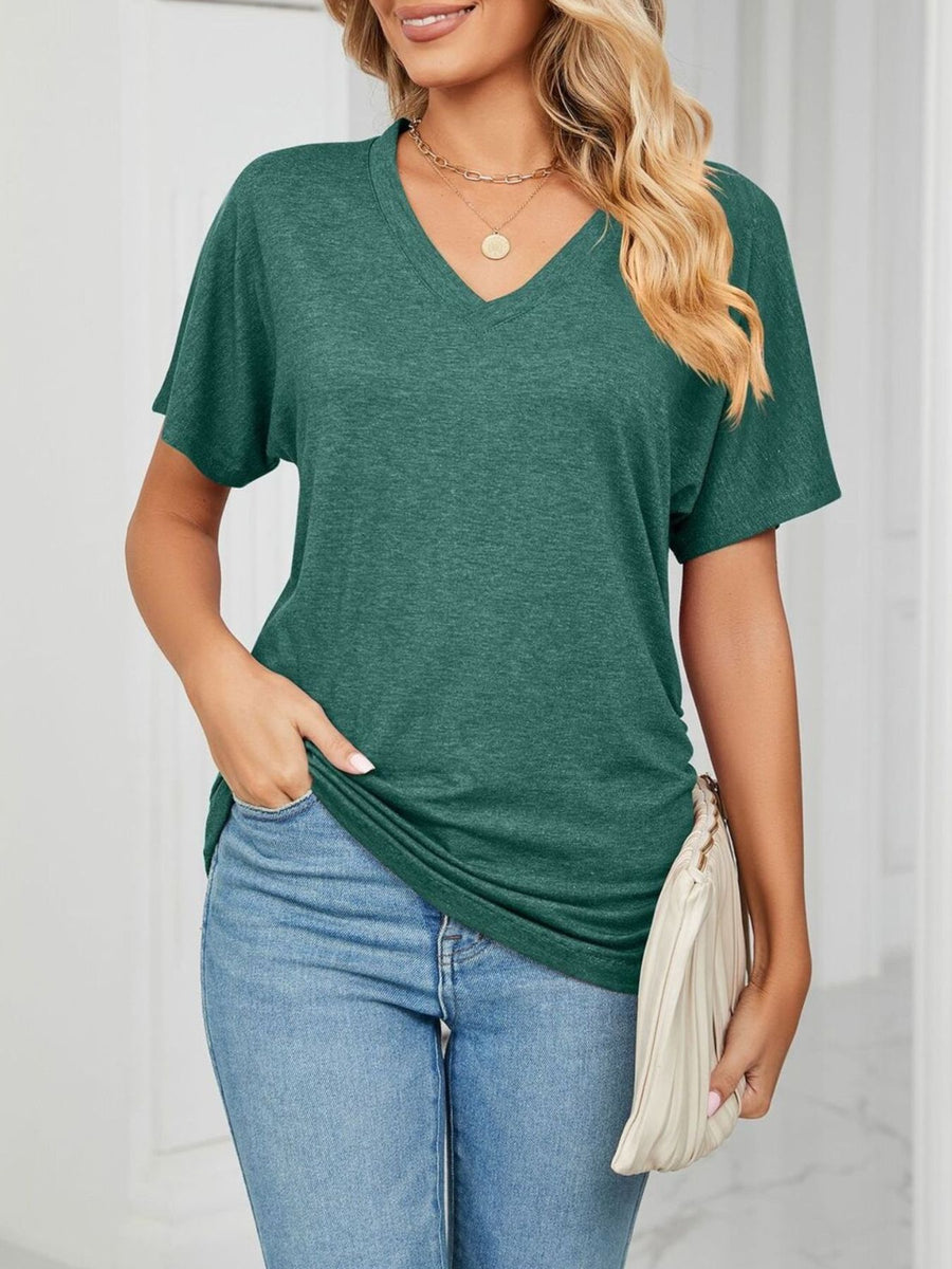 Relaxed V-neck short sleeve t-shirt in dark green with a draped fit.