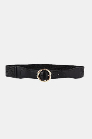 Black raffia and leather belt with gold alloy buckle