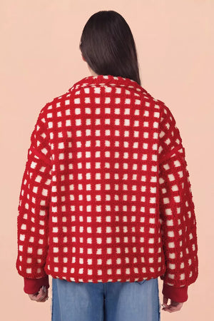 red jacket with hip-length and zip-front