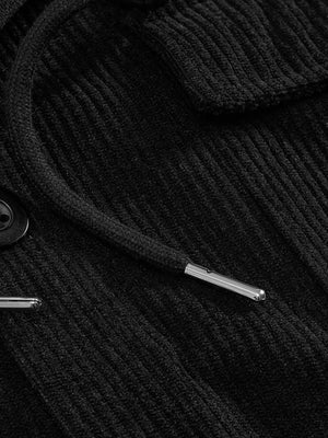 Black ribbed knit hoodie with drawstring and metal aglets