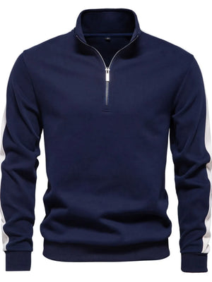 Navy quarter-zip sweatshirt with white side stripes on sleeves and a silver zipper.