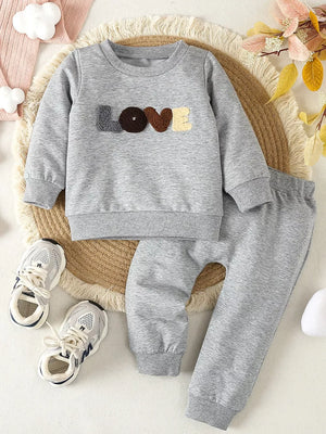 Gray Children's Letter Round Neck Top And Pants Set