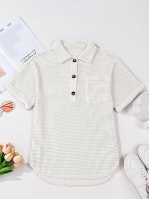 White waffle knit button-up shirt with short sleeves and chest pocket