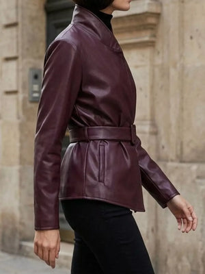 edgy leather jacket in Burgundy with mandarin collar