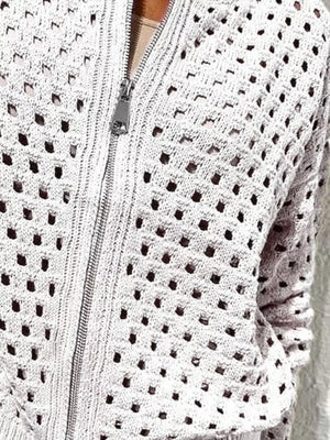 Full Size Crochet Knit Zip-up Cardigan Plus Size in Light Gray with zipper