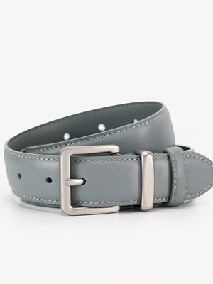 Grey leather belt with silver buckle and contrast stitching
