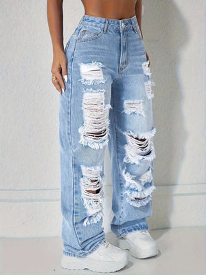 Dark Blue with Distressed Wide Leg Jeans
