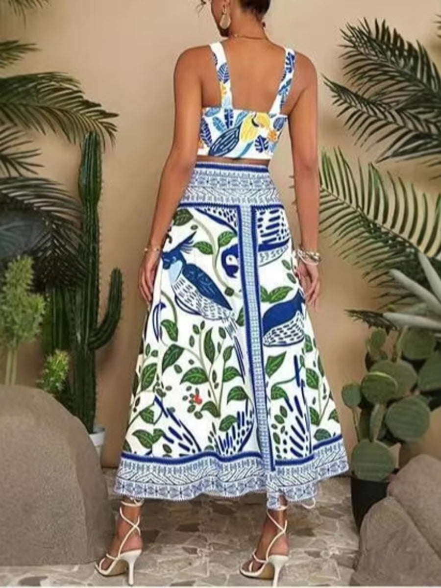 Floral print two-piece set with a crop top and midi skirt in multicolor.