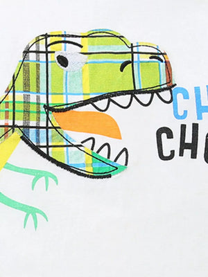 Baby t-shirt with a green plaid dinosaur graphic and text detail.