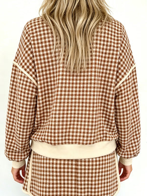 cream pajama set featuring drawstring waist and gingham