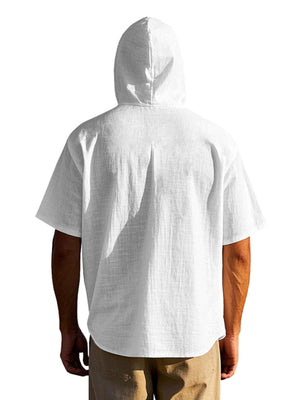White cotton hooded shirt with short sleeves and a buttoned placket, shown from the back.