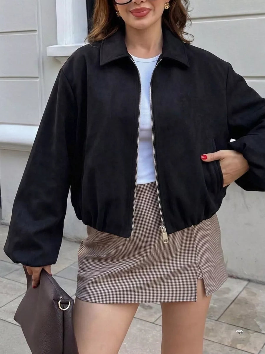 White oversized bomber jacket with collared