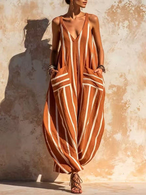 rust jumpsuit with striped and v-neck