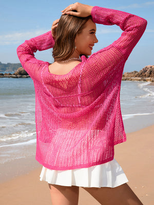 Hot Pink open-knit beach sweater with boat neck and long sleeves.