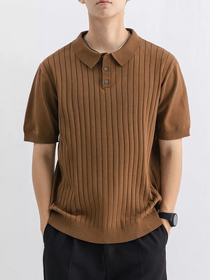 Coffee ribbed knit polo shirt with short sleeves and button placket.