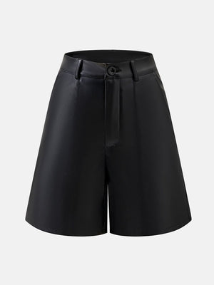 Black vegan leather Bermuda shorts with button closure and tailored fit.