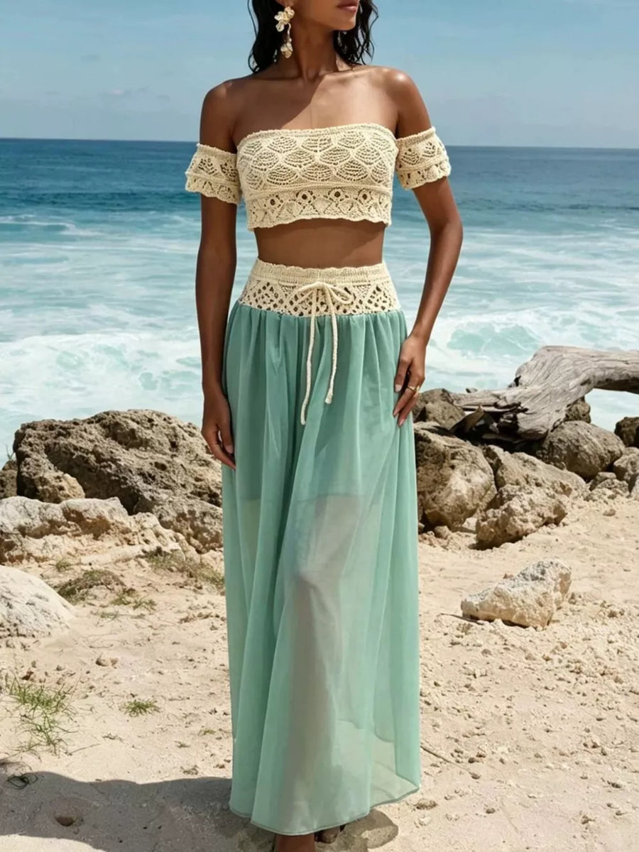 Crochet bandeau top and sheer maxi skirt set in cream and pastel blue, off-shoulder style