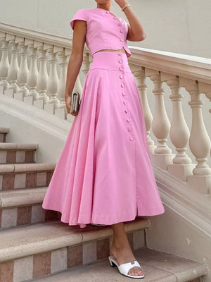 skirt set in Light Blue with buttoned and cropped (top), midi (skirt)
