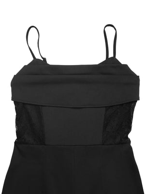 Black lace-trimmed maternity romper with adjustable spaghetti straps and off-the-shoulder neckline.