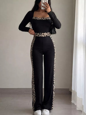 black jumpsuit with leopard and square neck
