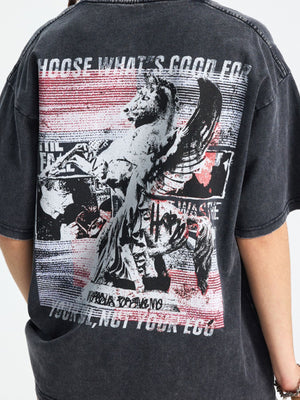 Men's relaxed fit dark gray cotton graphic t-shirt with distressed look and distressed winged horse graphic.
