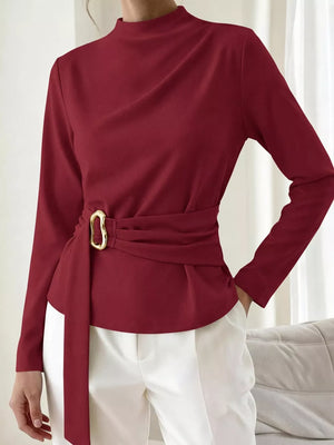 Brown fitted blouse with mock neck