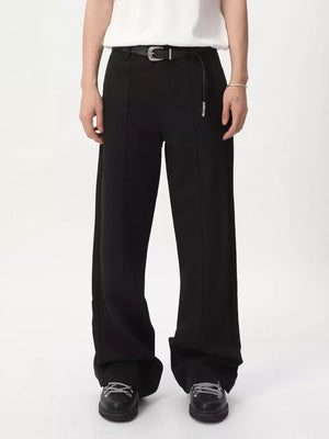 Black wide-leg sweatpants with adjustable drawstring waist and front seam detail.