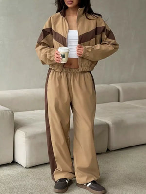 brown tracksuit set featuring elastic waist and color-block