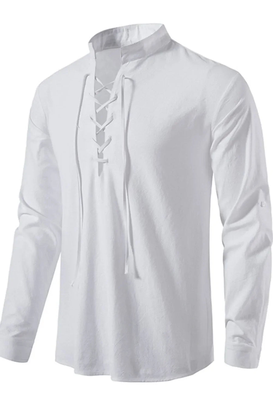 White linen henley shirt with lace-up collar and long sleeves