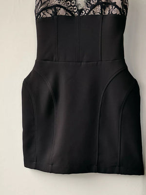 Black mini dress with back-zip and floral lace