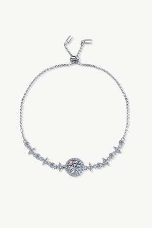 Silver moissanite halo bracelet with star accents and adjustable slider clasp.